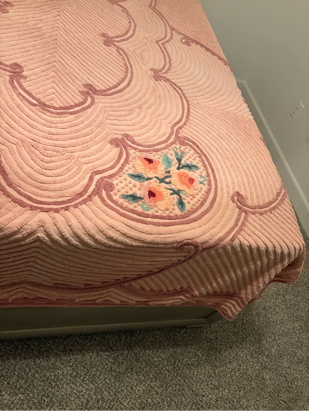 Rare Vintage Retrac Chenille Pair of Bedspreads Peach Floral Scrollwork